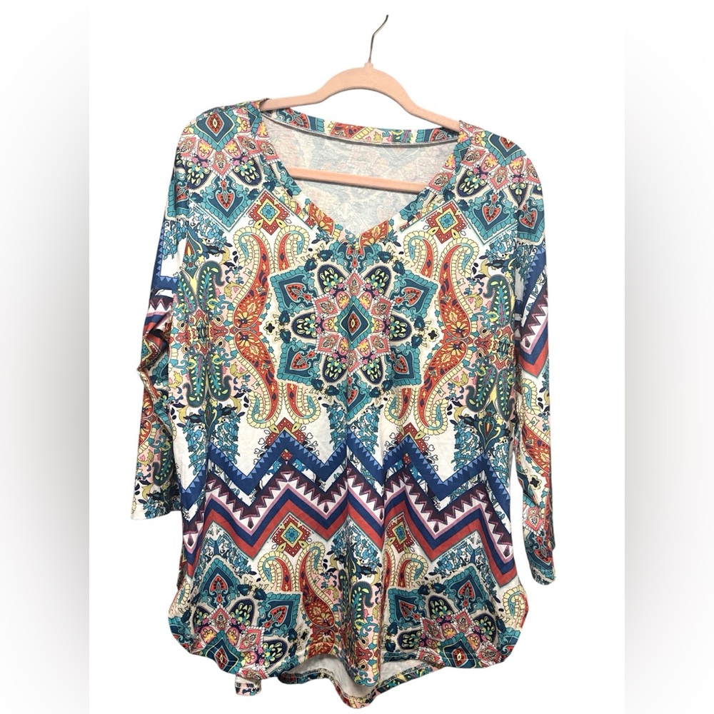 KTILG Boho Paisley Tunic Top XL | High-Low Hem 3/4 Sleeve Boutique Blouse
